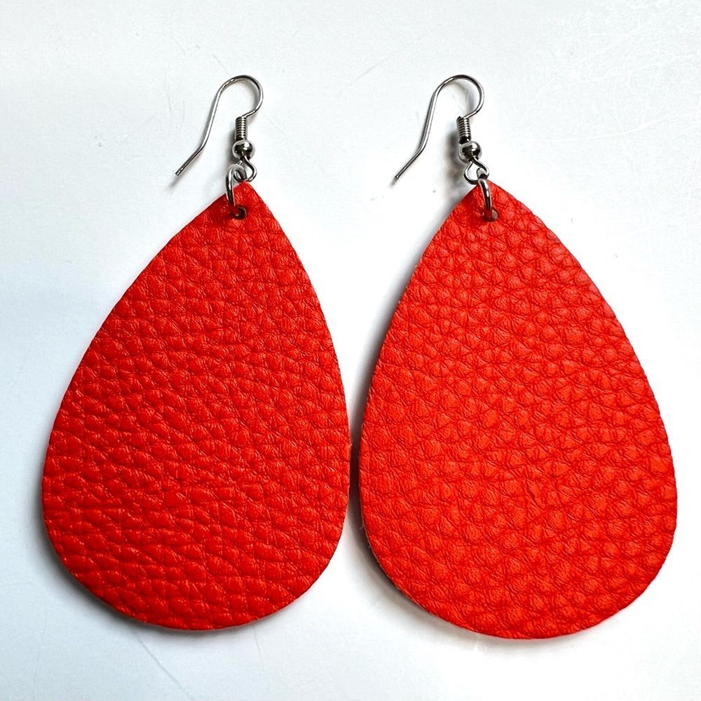 Teardrop Faux Leather Textured Orange Earrings